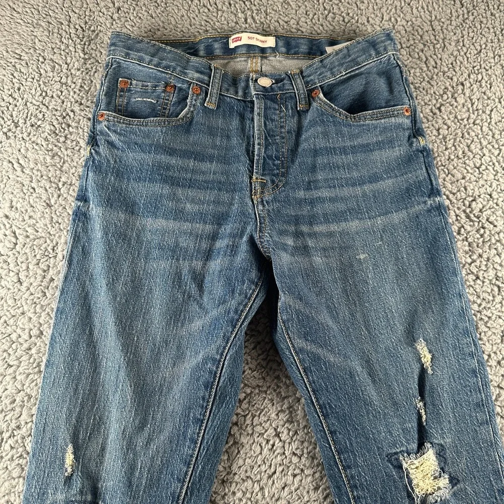 Levis 501 S Jeans Womens 12‎ Premium Button Fly Straight Leg Skinny Distressed